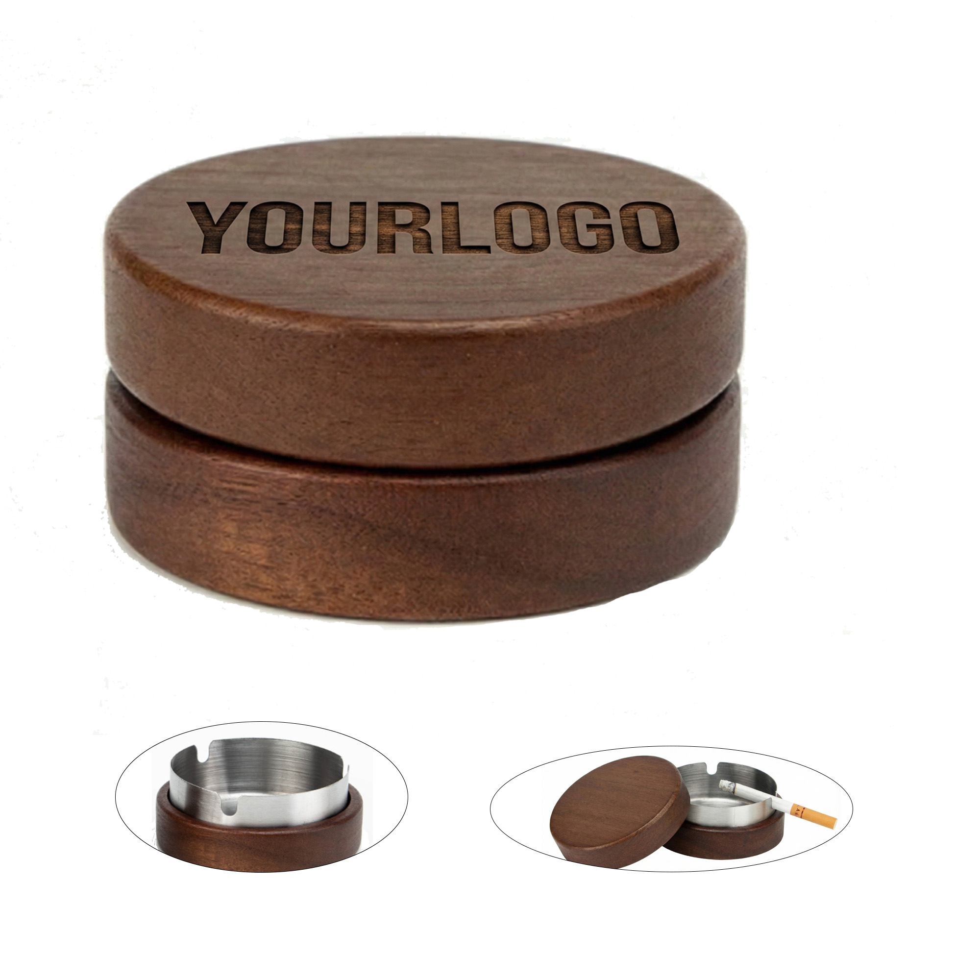 Round Wood Stainless Steel Ashtray 2
