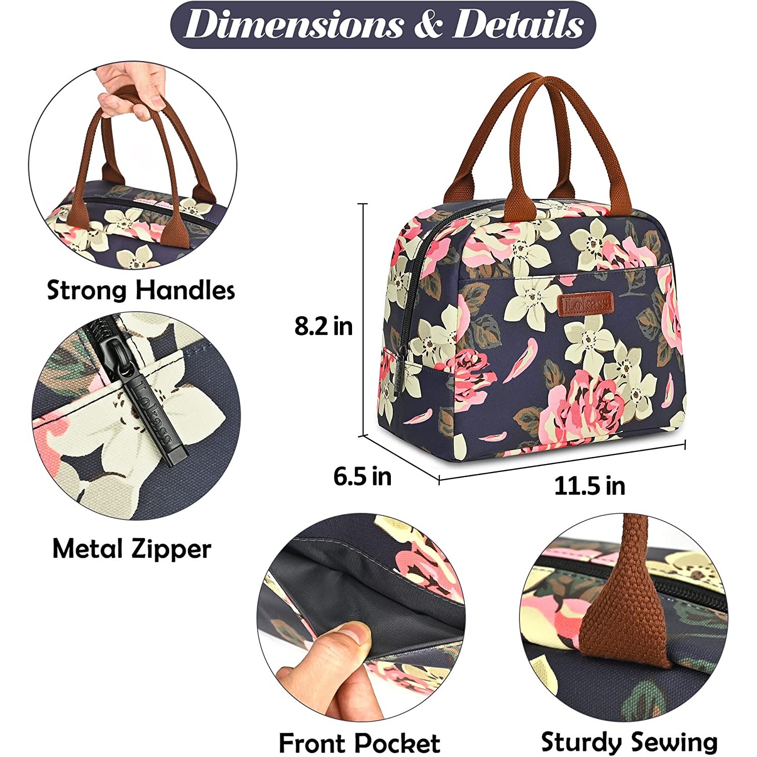 Flower Thermal Insulated Lunch Bag Wide-Open Lunch Tote Bag Large Drinks Holder Durable Nylon 3