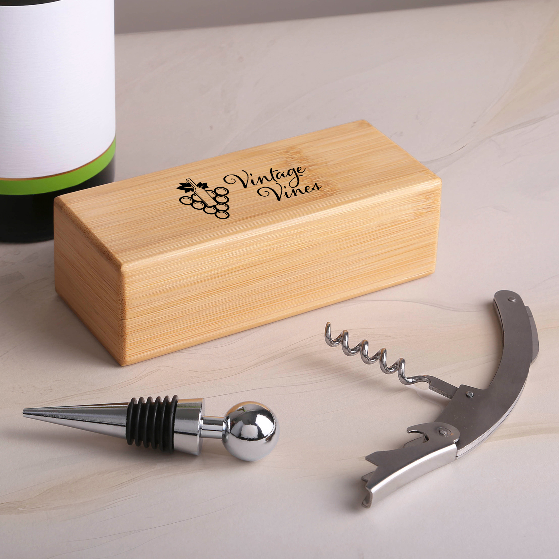 2 Piece Bamboo Wine Opener Set w/Magnetic Closure