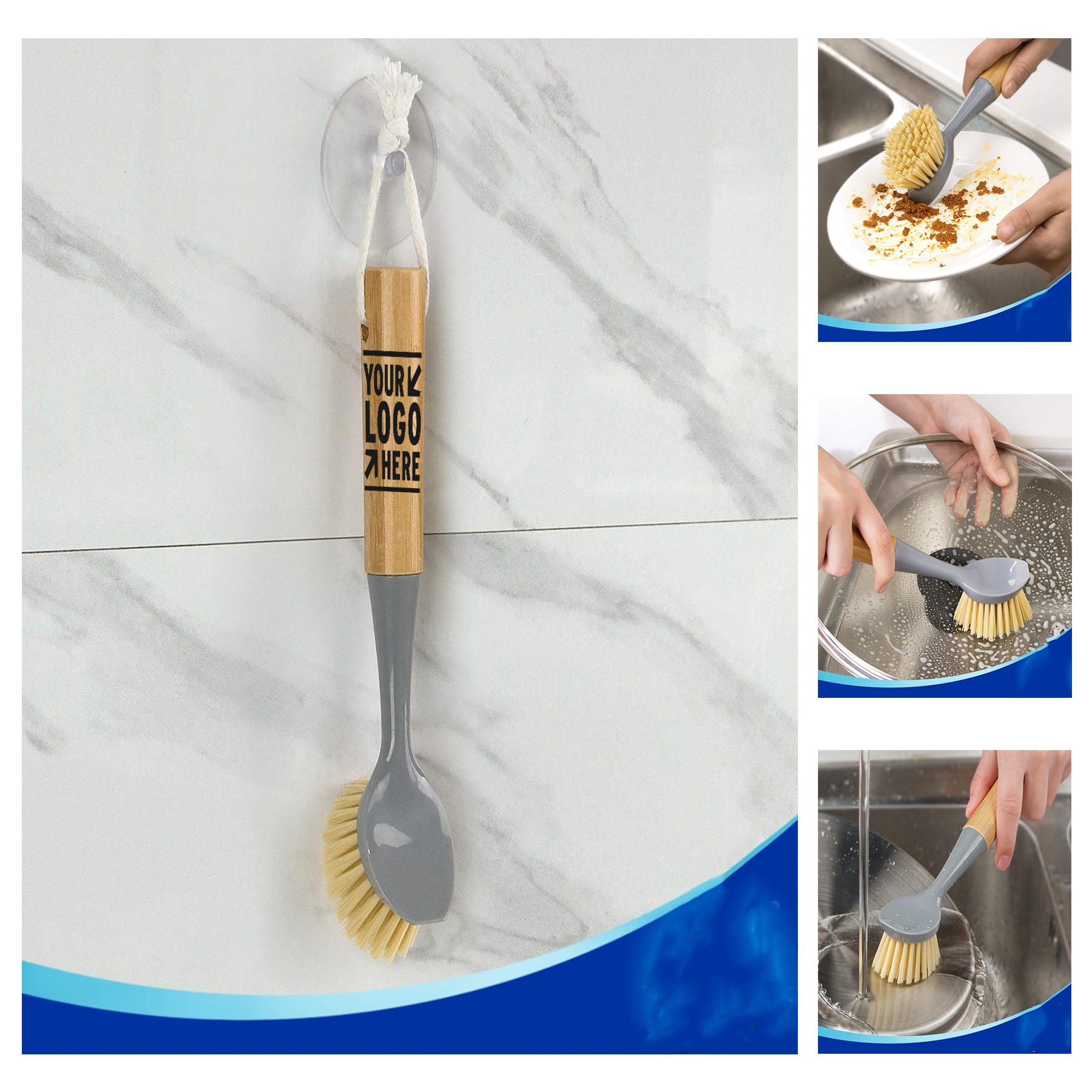 Bamboo Handle Built-in Scraper Dish Scrub Brush 2