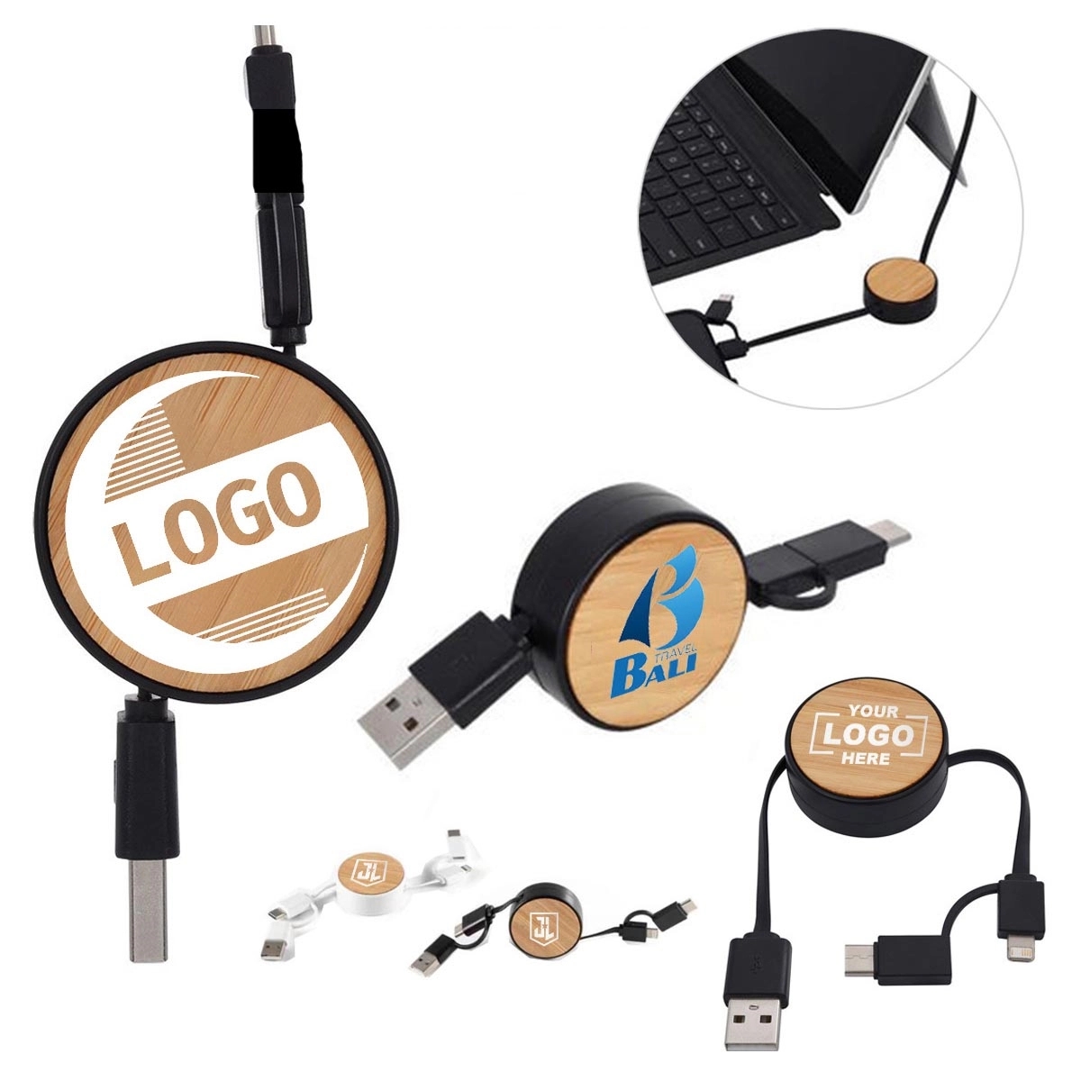 Custom 3-in-1 Advertising Bamboo Retractable Charging Cables 3
