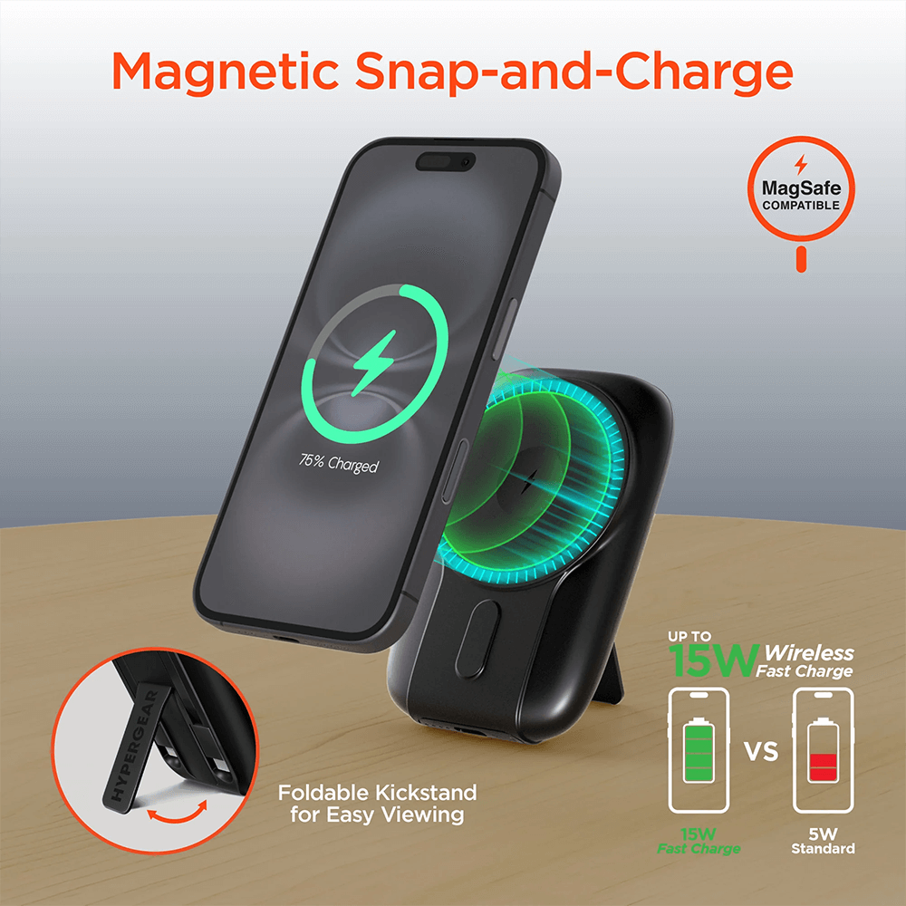 Hypergear 5,000mAh Mag Grip Go Magnetic Wireless Fast Charge Power Bank with Built-In Cables 1