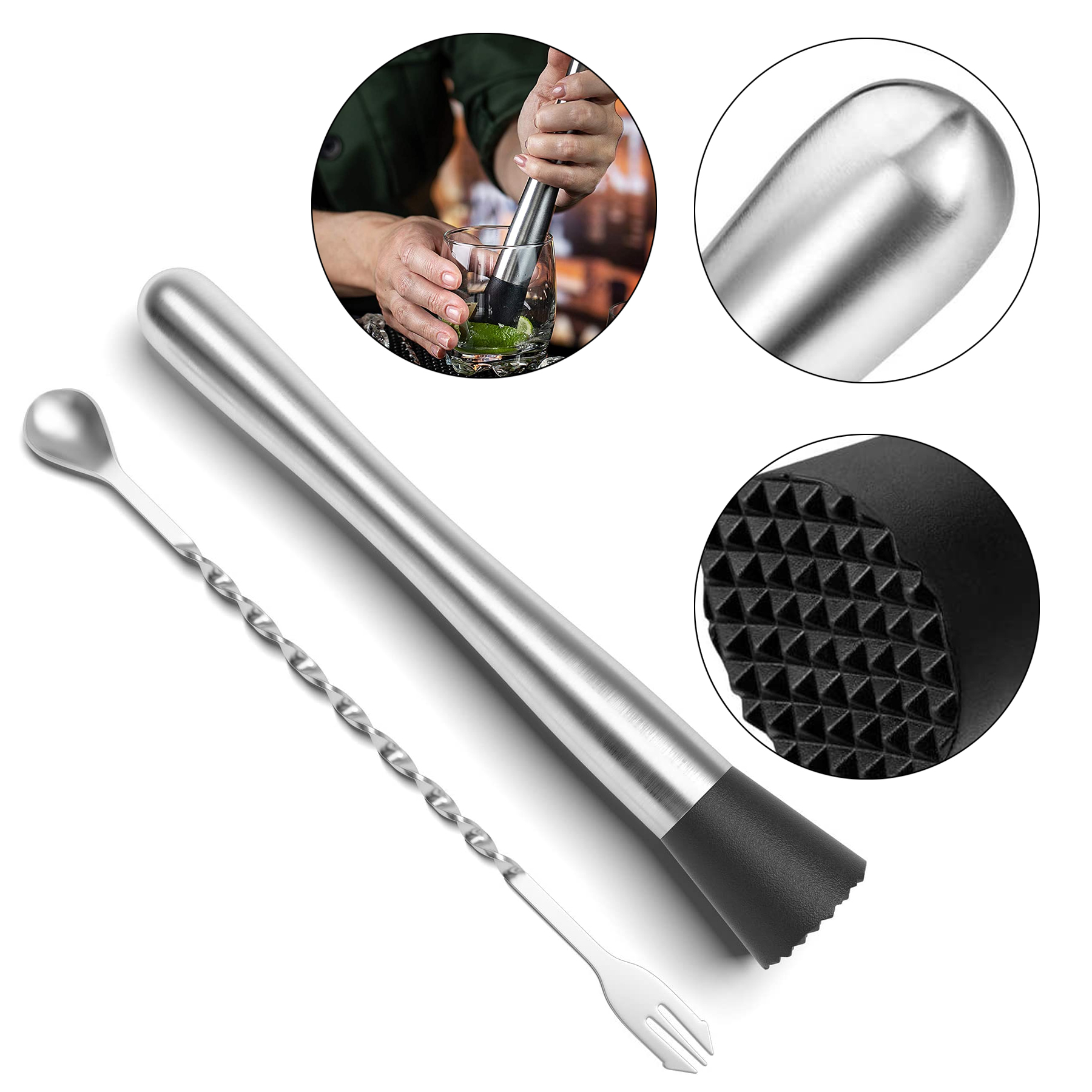 10" Stainless Steel Cocktail Muddler and Mixing Spoon 1