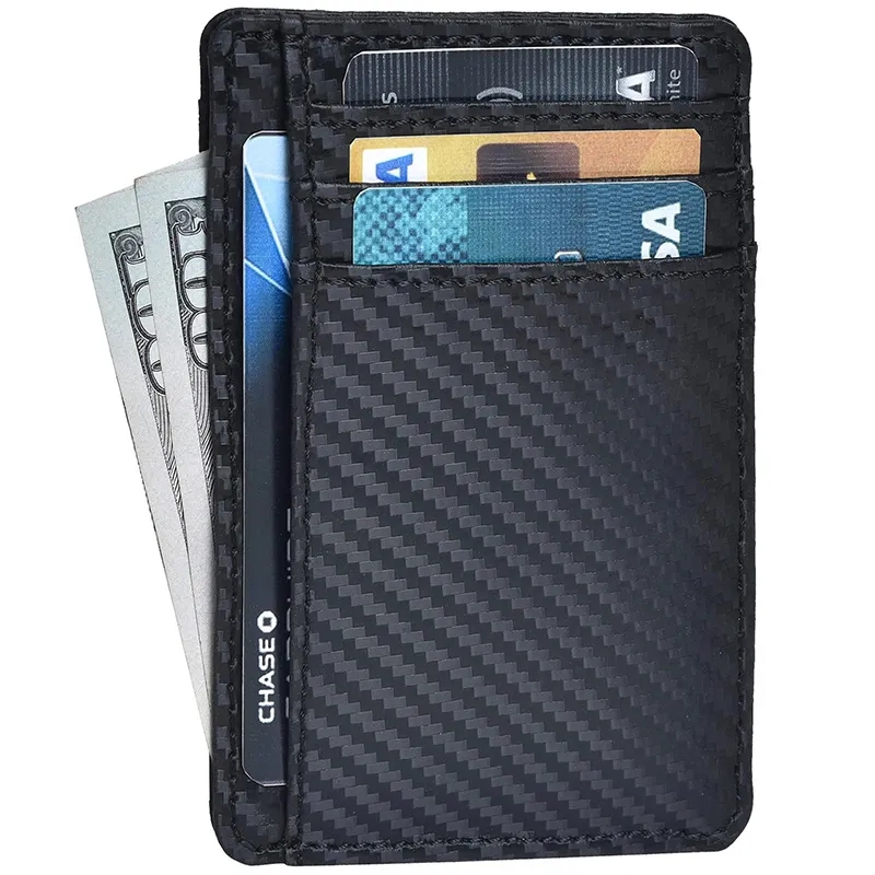 RFID Blocking Slim Leather Wallet Carbon Fiber Card Holder 3