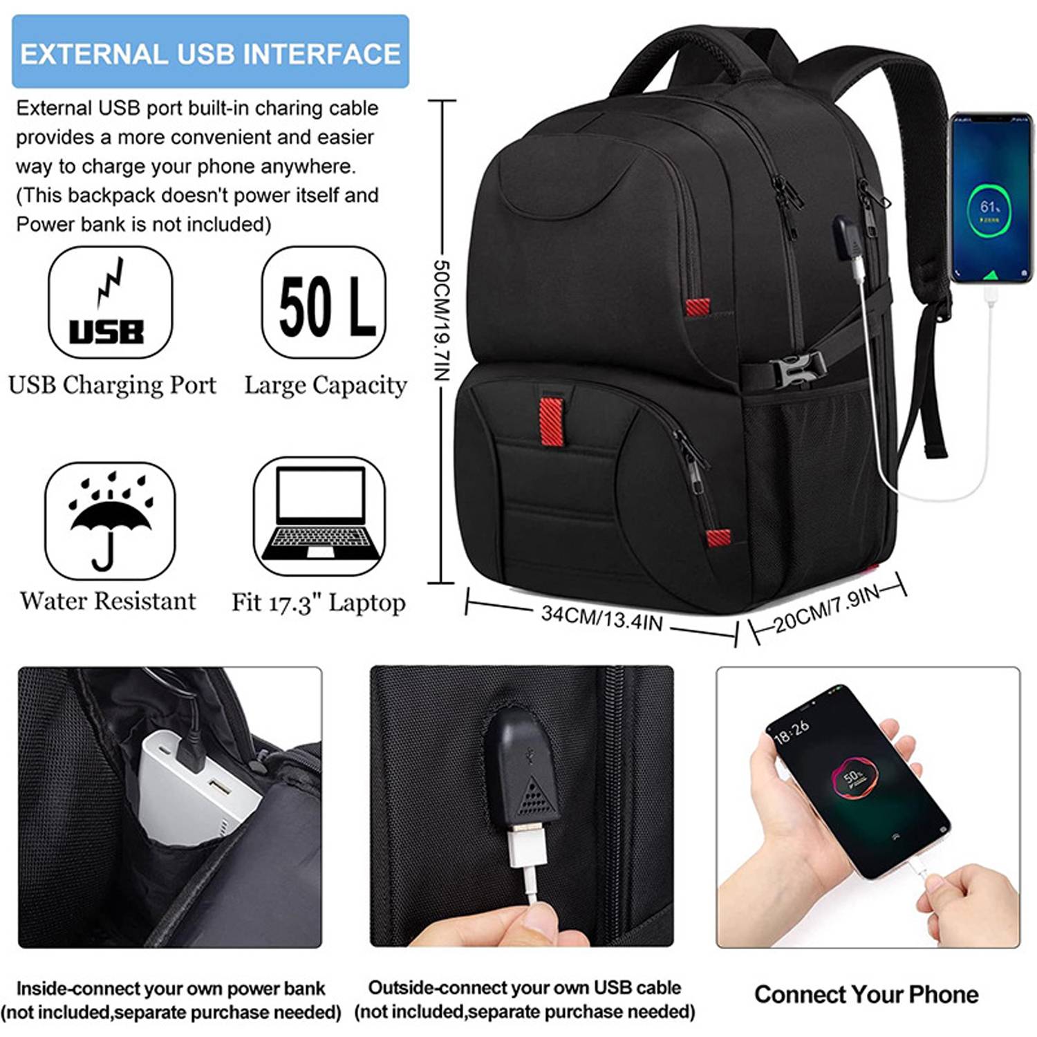 50L Waterproof Oxford Outdoor Cooler Backpack w/ USB Port 5