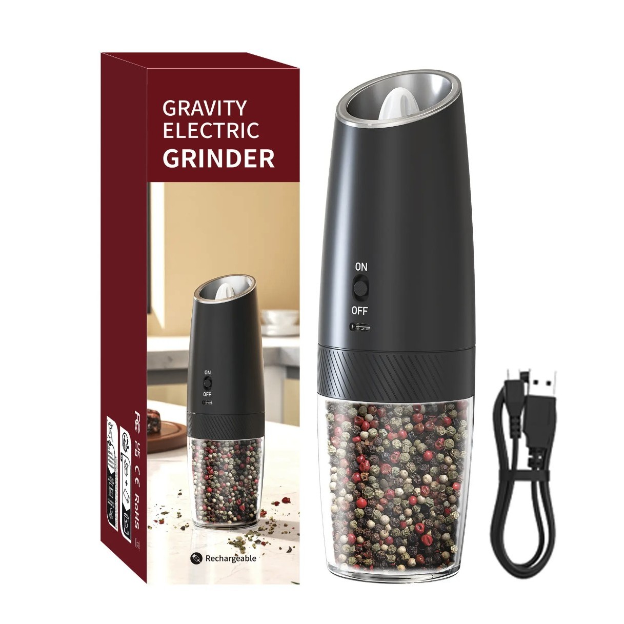 2 Pcs Plastic Usb Rechargeable Gravity Electric Salt And Pepper Grinder Set 4