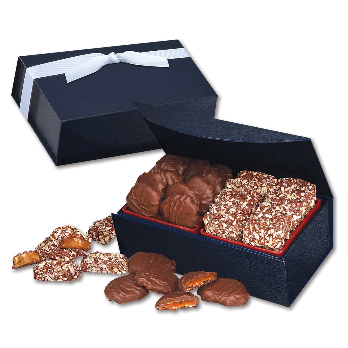 English Butter Toffee & Caramel Pecan Clusters in Navy Magnetic Closure Box 2