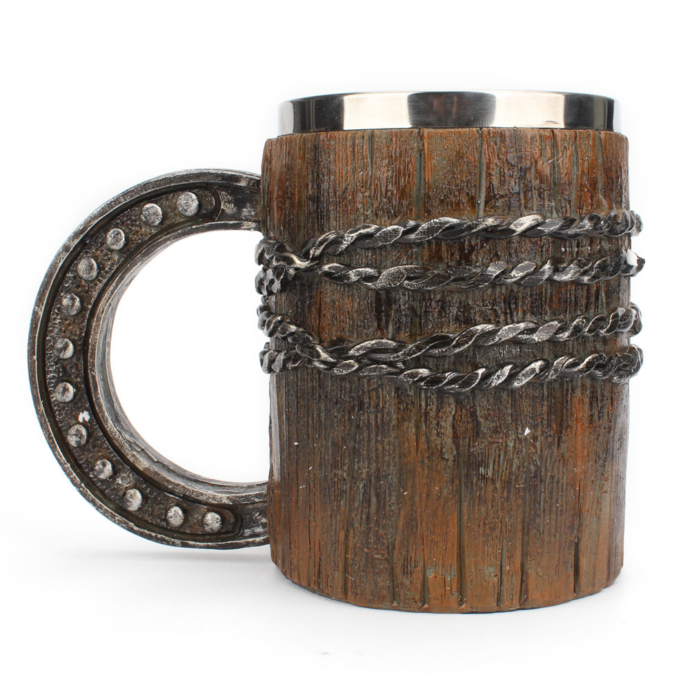 Simulation Horseshoe Handle Chain Wooden Barrel Style Beer Mug 2