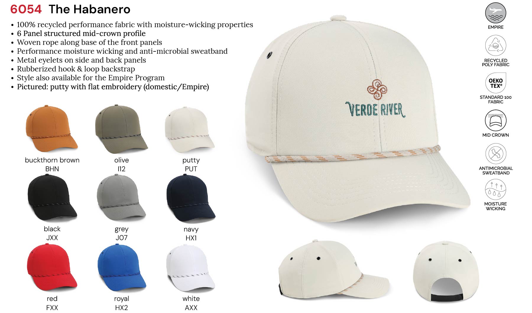 Imperial 6054 6-Panel Habanero Performance Rope Cap w/ Leatherette Patches or Embroidery 18