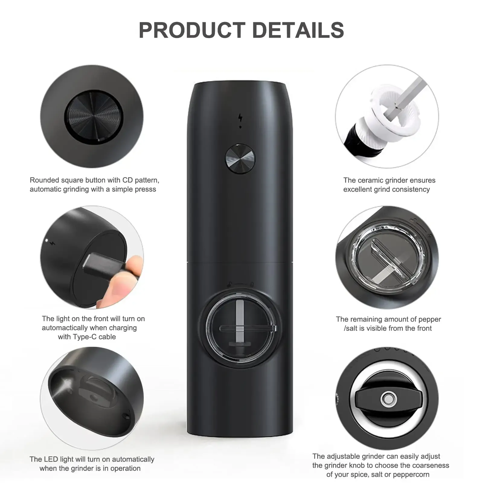 One-Handed Operation Rechargeable Salt/Pepper Grinder 5
