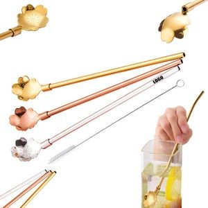 Reusable Stainless Steel Straws With Flower Spoon Set 4