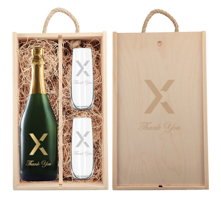 Laser-Engraved Wood Box w/Custom Etched Sparkling Wine Bottle + Flutes 1