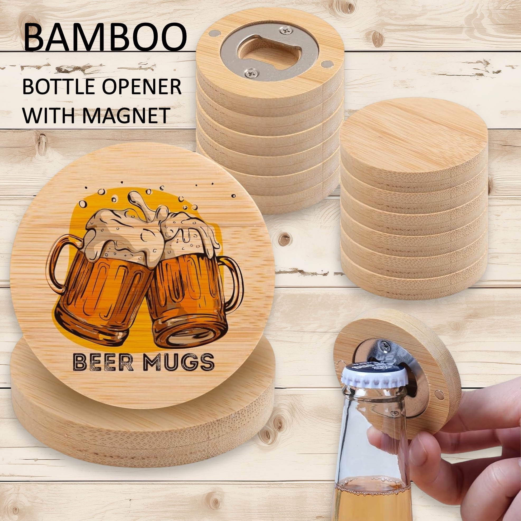 2.5" Round BAMBOO Bottle Opener Magnet 5