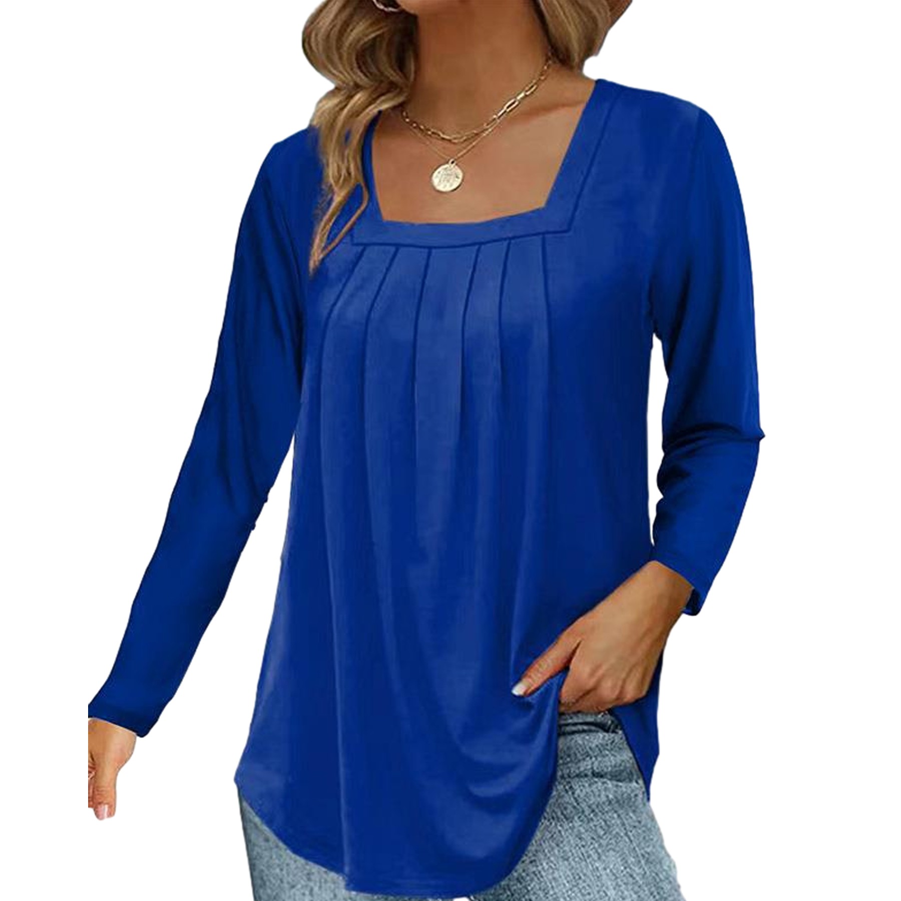 Women Square Neck Long Sleeve Casual Pleated T Shirts 2