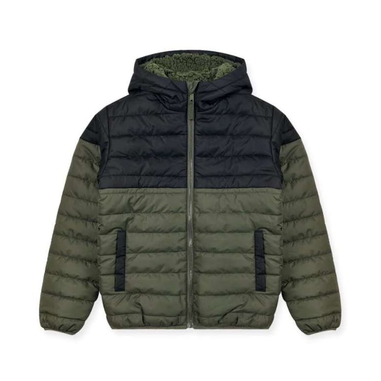 Boys' Hooded Sherpa Lined Colorblock Jacket Olive 2T-4T 1