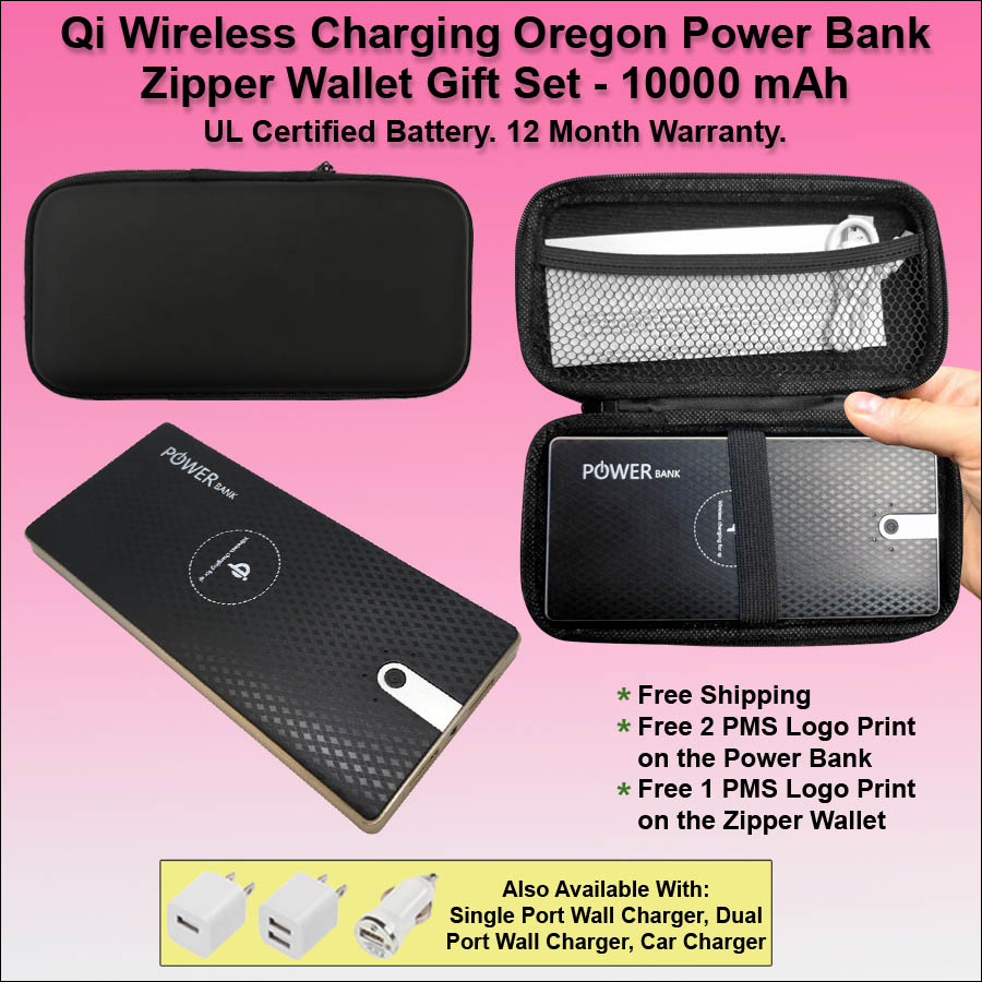 Qi Wireless Charging Oregon Power Bank Zipper Wallet Gift Set 10000 mAh