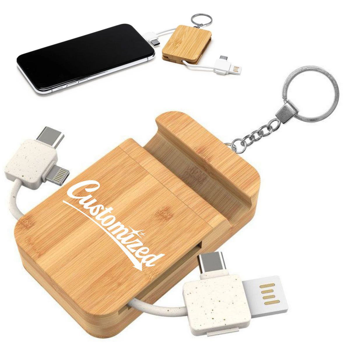 Bamboo Multi Charging Cable Set with Keychain 3