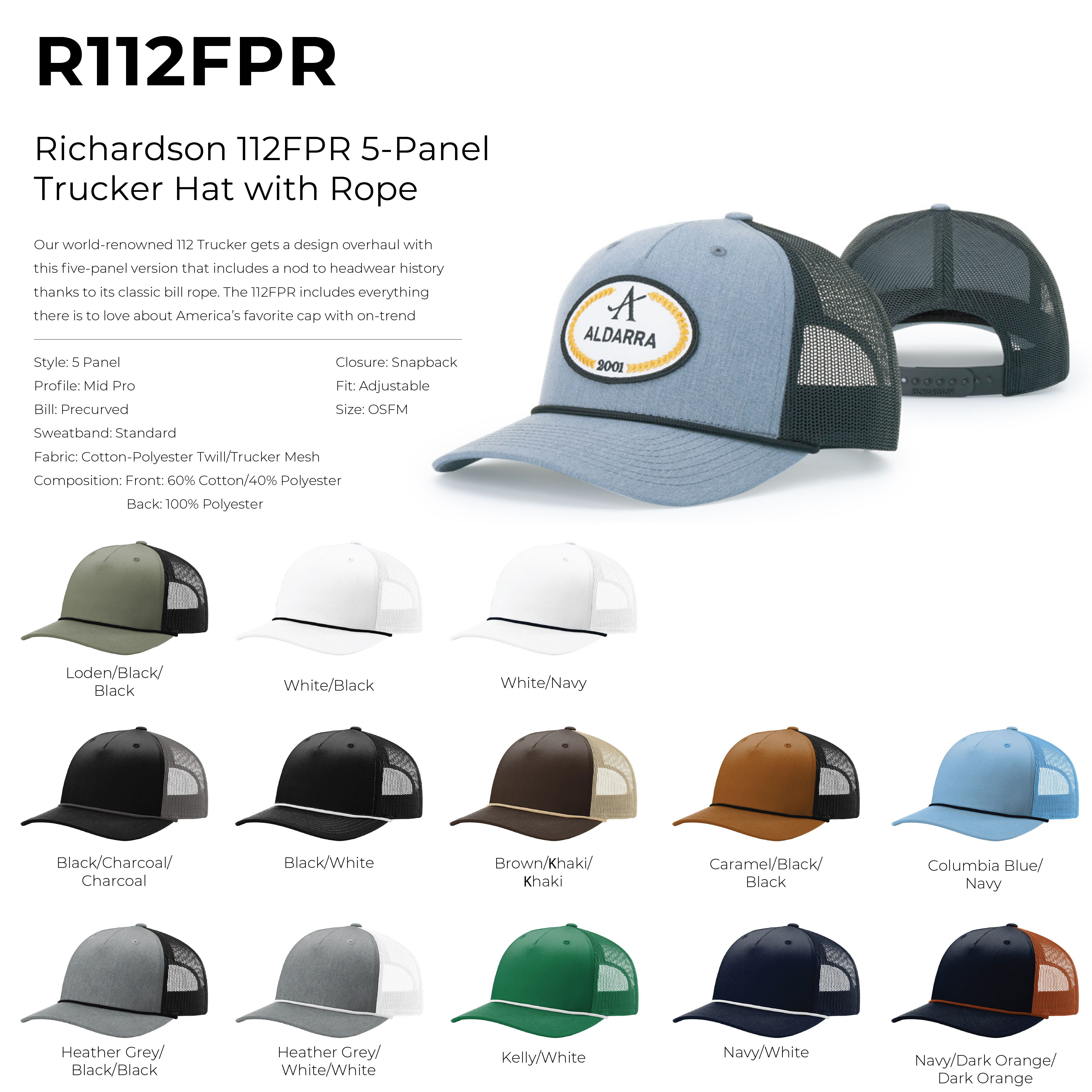 Richardson 112FPR 5-Panel Trucker Hat with Rope w/Leatherette Adhesive Patches or Embroidery 4