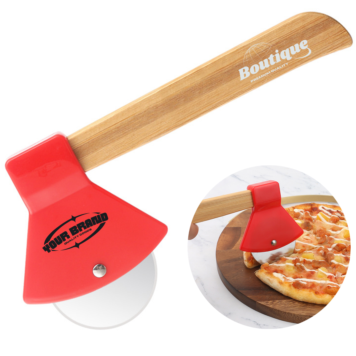 Axe-Shaped Pizza Cutter W/ Wooden Handle & Stainless Blade 2