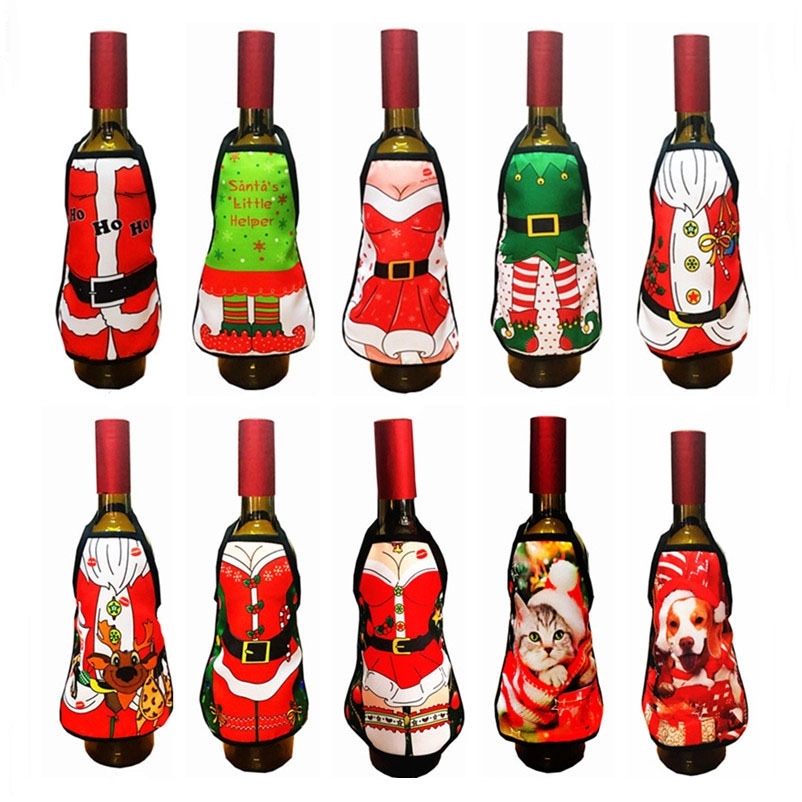 Christmas Apron Wine Bottle Cover Set 2