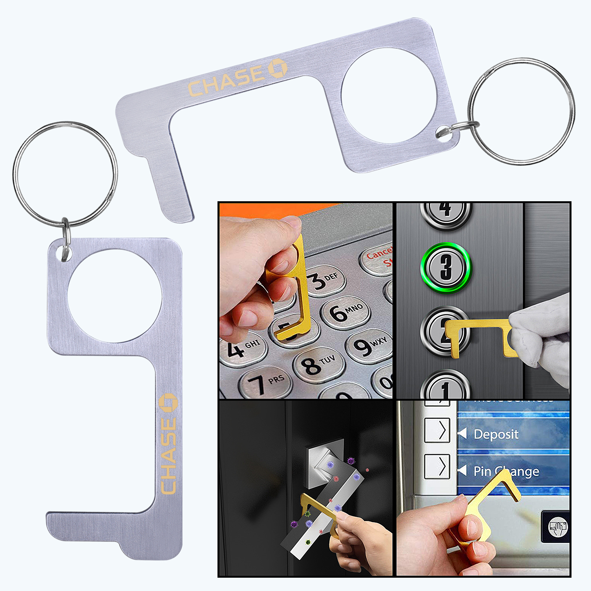 PPE Stainless Steel Door Opener Closer No-Touch w/ Key Chain 1