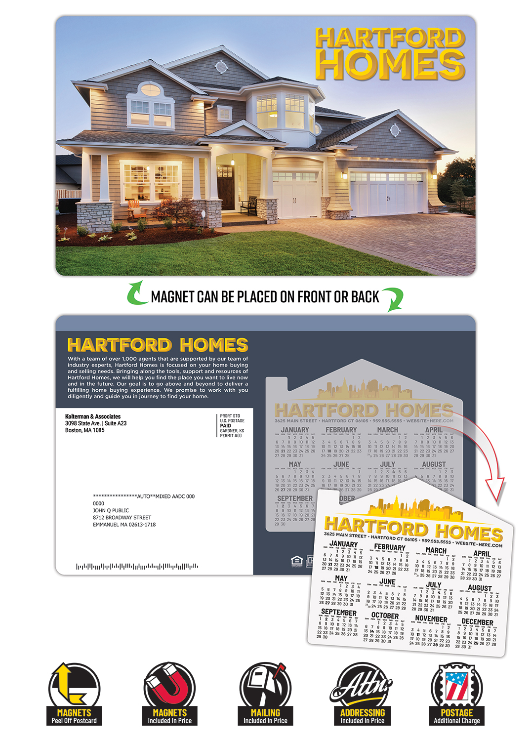 Magna-Peel Laminated Postcard (8.5x5.25; 14pt) with 4x3.5 House Shape Magnet (25 mil.) 1