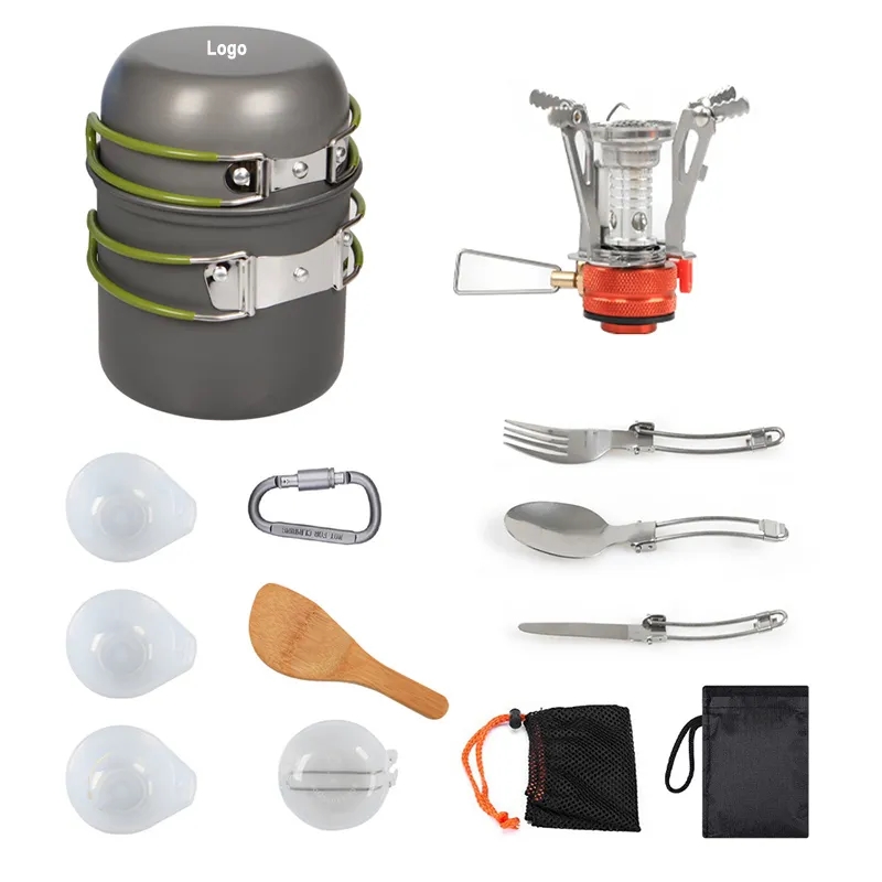 Camping Cookware Mess Kit Set with Stove 10pcs set 5