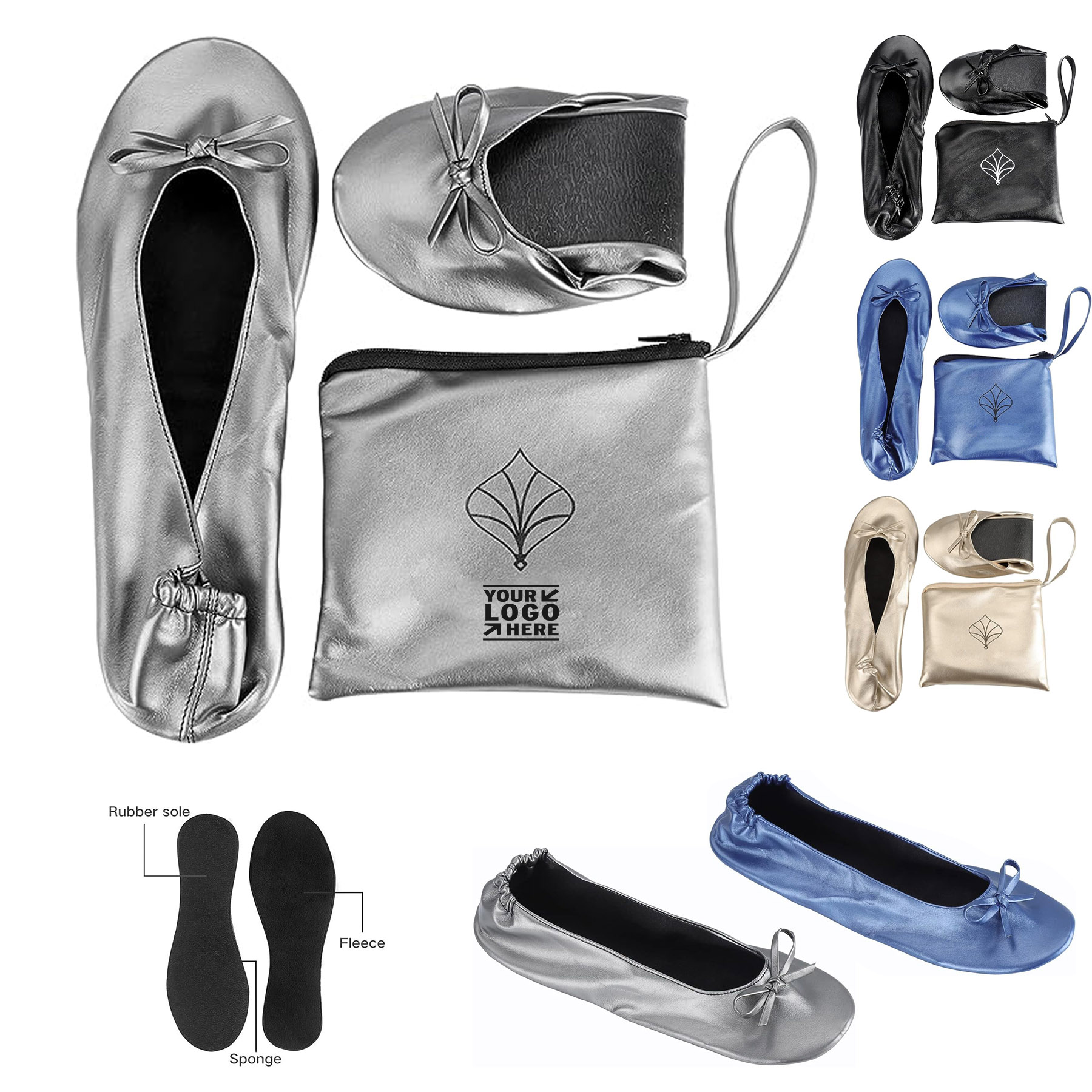 Women's Wedding Shoes Foldable Blallet Flats With Roll Up Slipper Pouch 