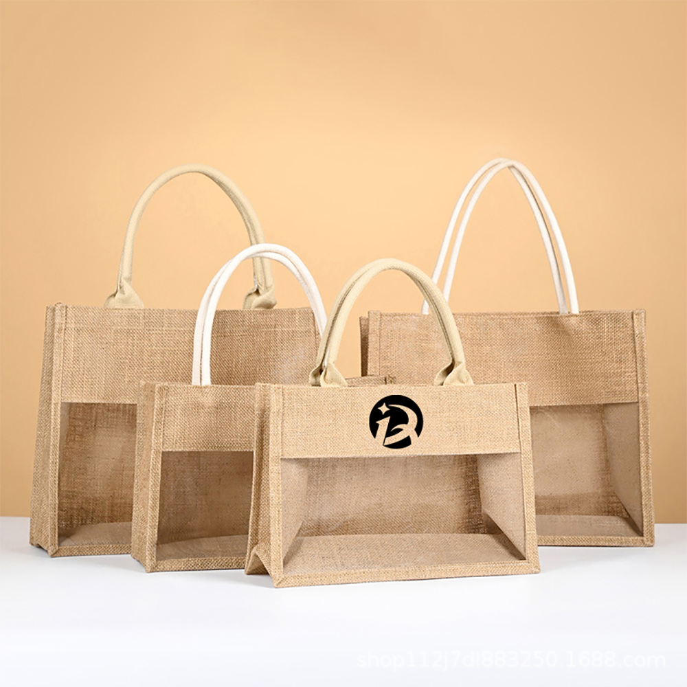 Jute Tote Bag with Transparent Panel, custom tote bag with logo imprint 1
