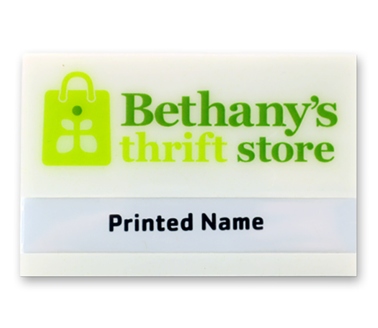 The Plato full color reusable name badge. 2"x3" 4