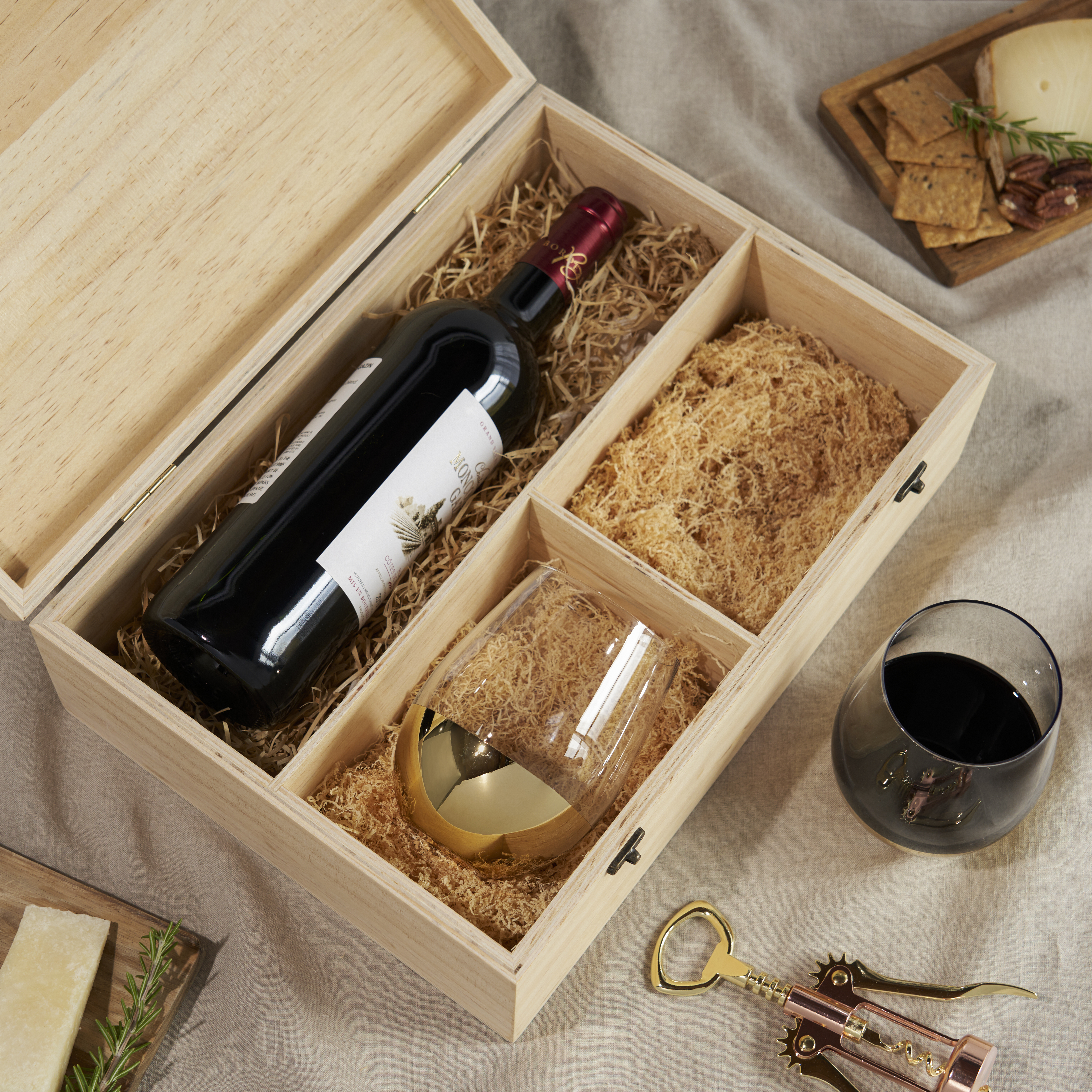 Twine Living® Wood Wine Box and Stemless Glass Set 3
