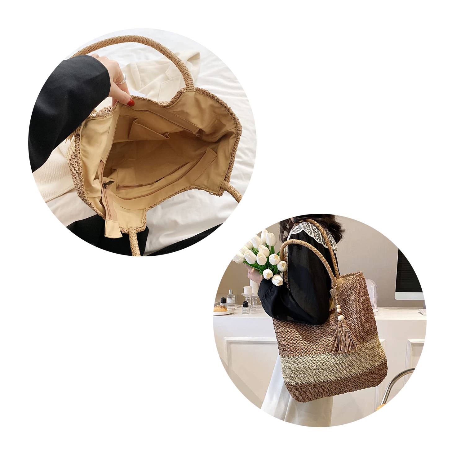 Large Capacity Summer Beach Weaving Bags with Tassels, custom tote bag with logo imprint 4