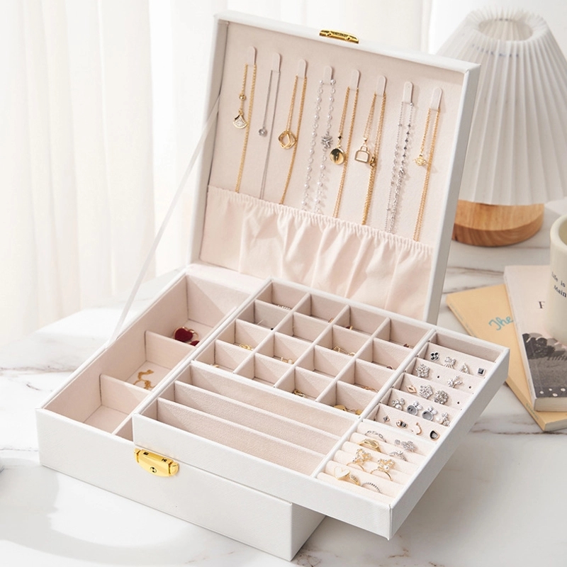 Custom PU Leather 2-Layer Jewelry Organizer Box with Lock 9