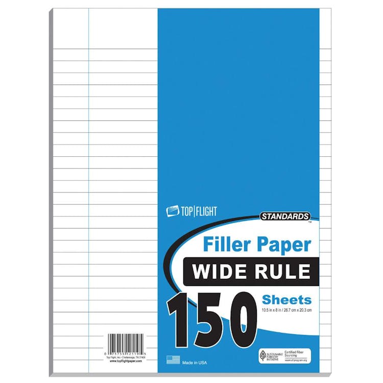 Wide Rule Filler Paper 10.5" x 8" 150 Sheets