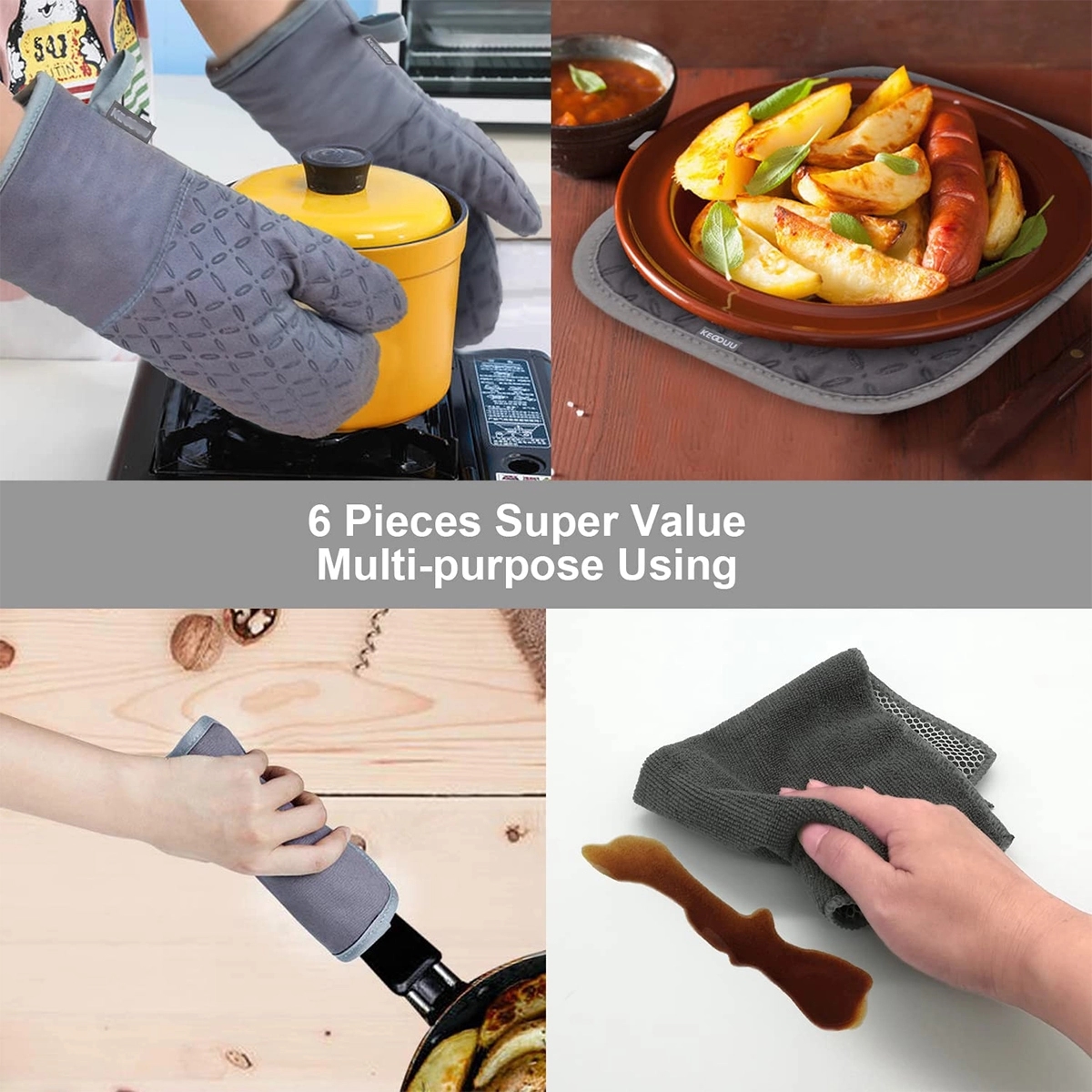 6Pcs Oven Mitts And Pot Holders With Non-Slip Silicone 5