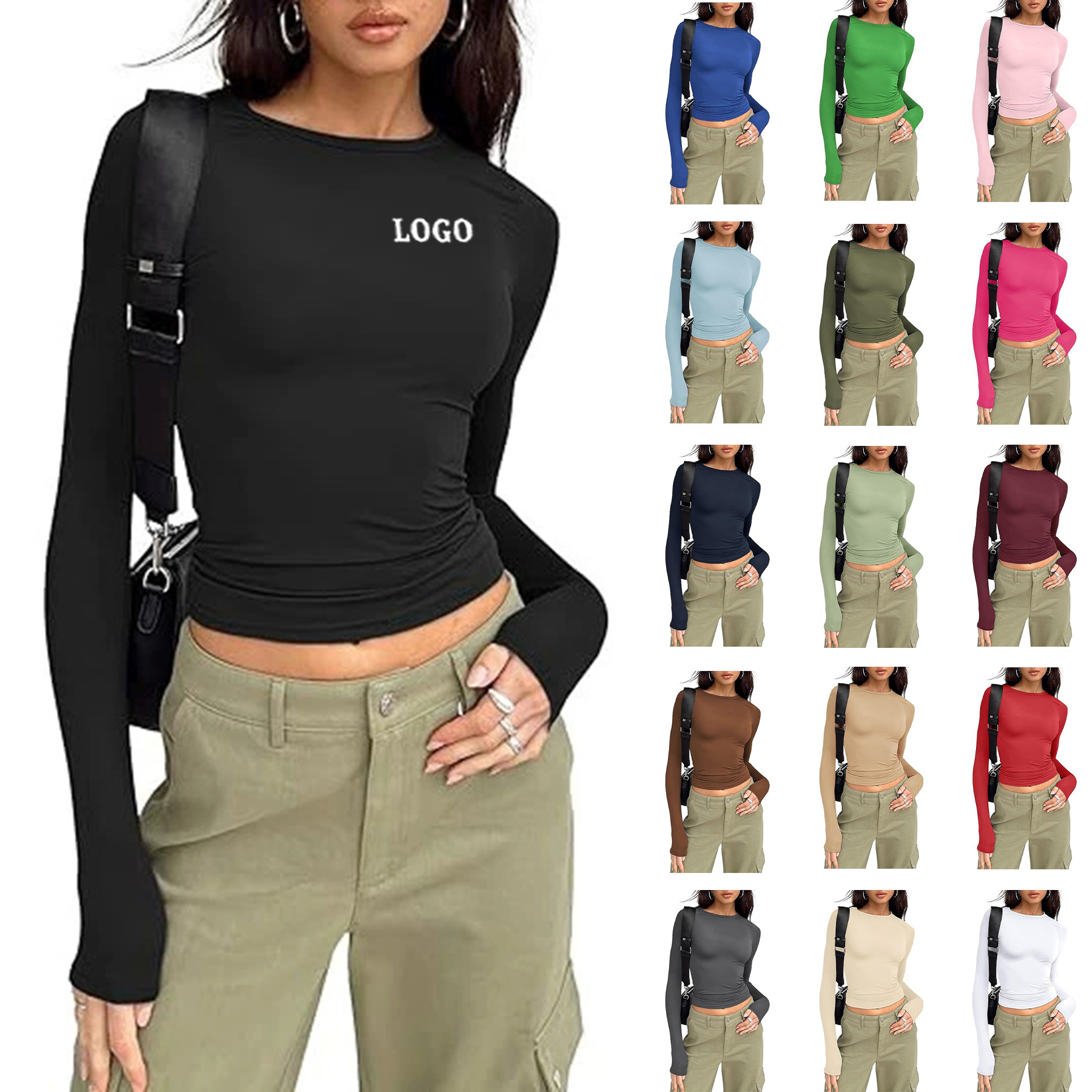 Women's Long Sleeved Shirt Basic Crop Top Tight Fit 2
