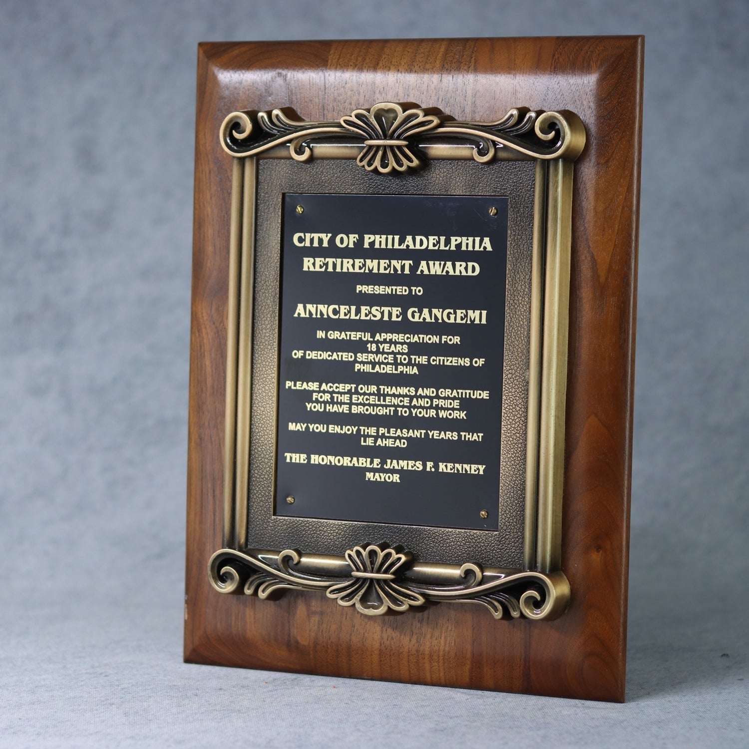 Solid Walnut Plaque With Cast Antique Gold Metal Scroll Frame 4