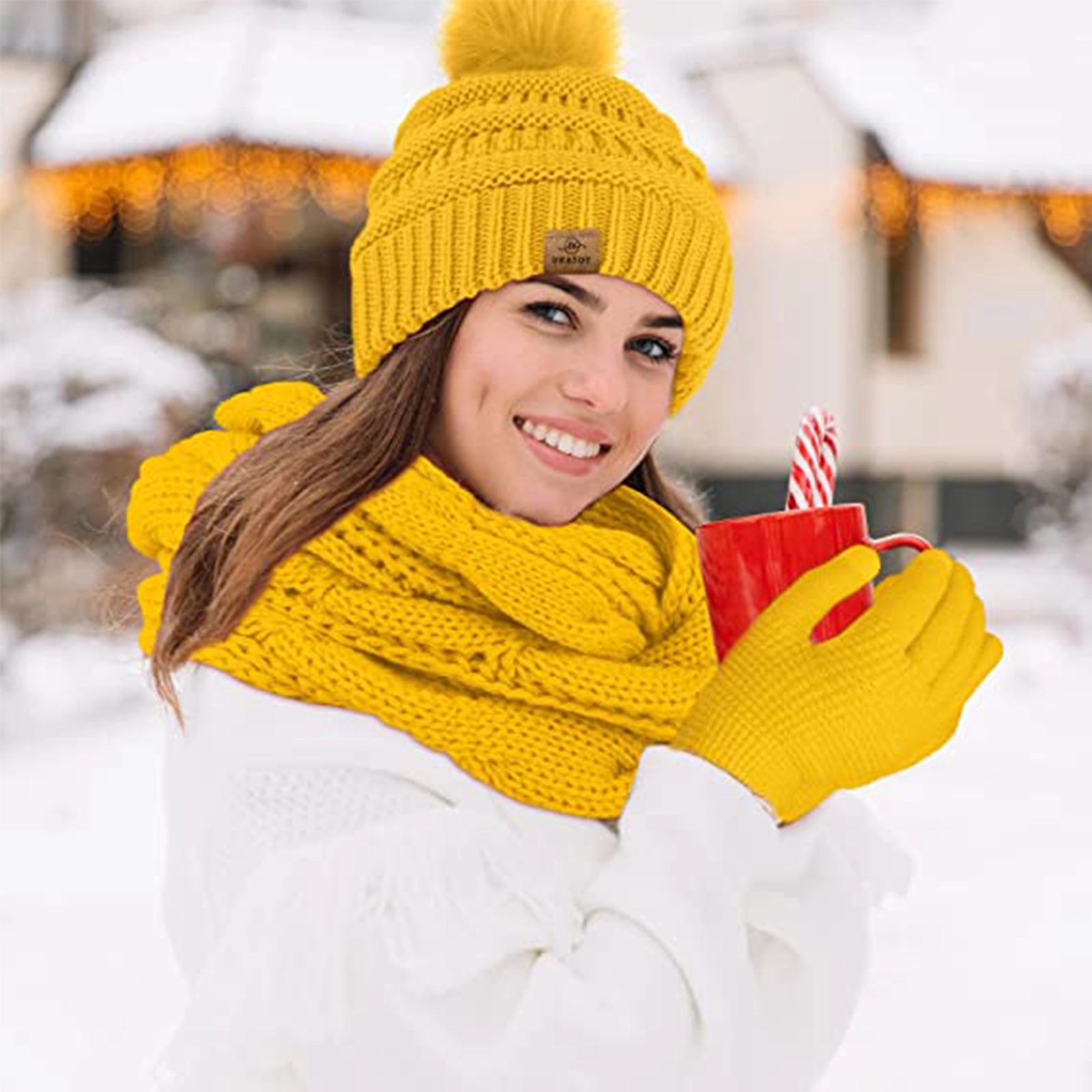 Winter Warm Set Knitted Scarf Beanie Hat Touchscreen Gloves 3