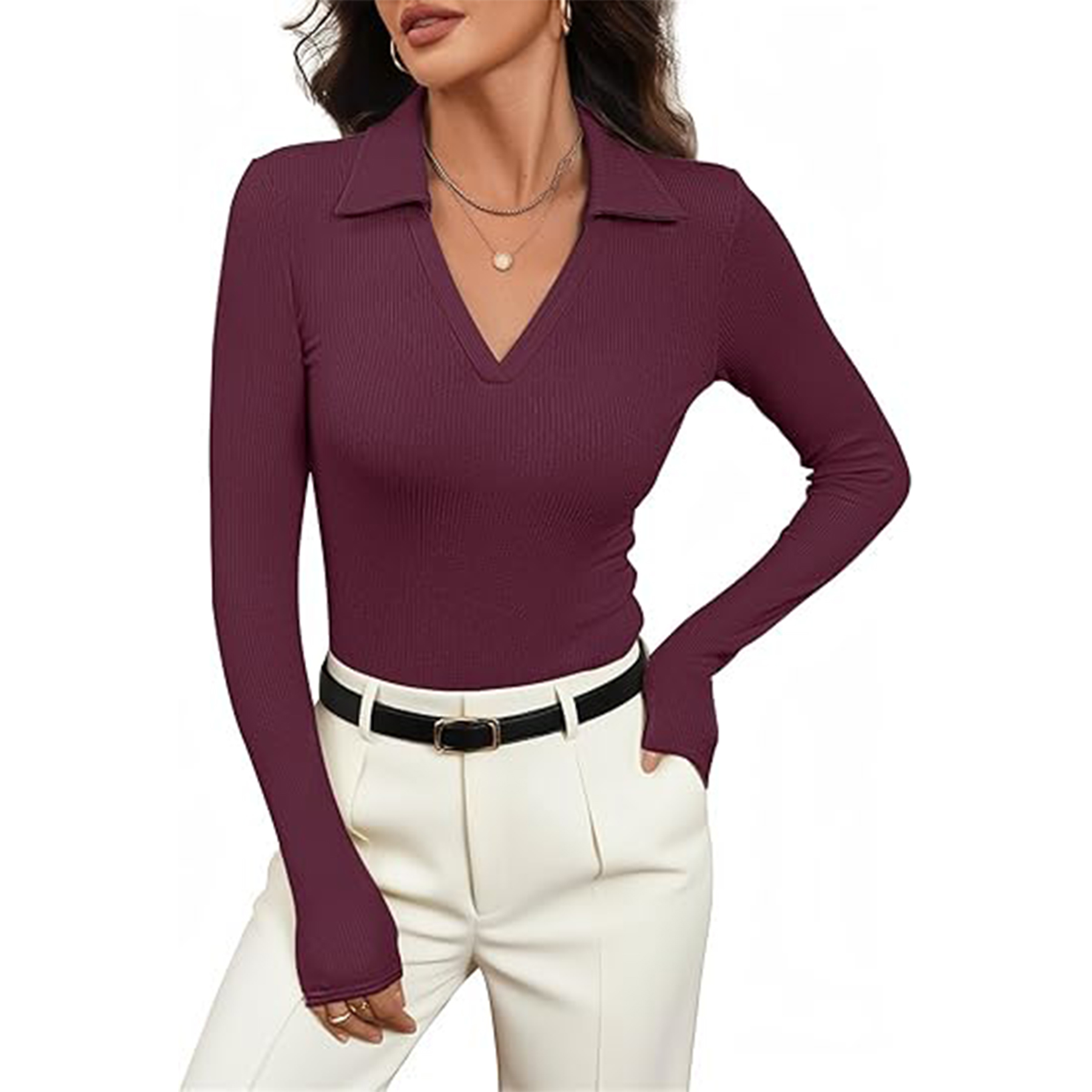 Women Long Sleeve V Neck Polo Shirt 8