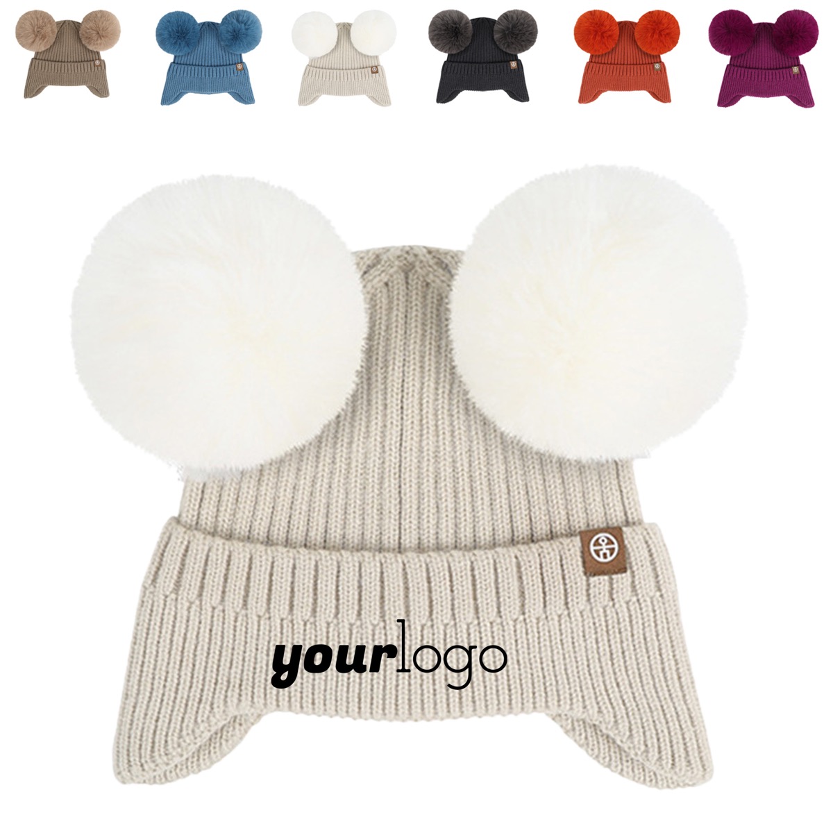 Double Pom Pom Knit Winter Beanie with Earflaps 8