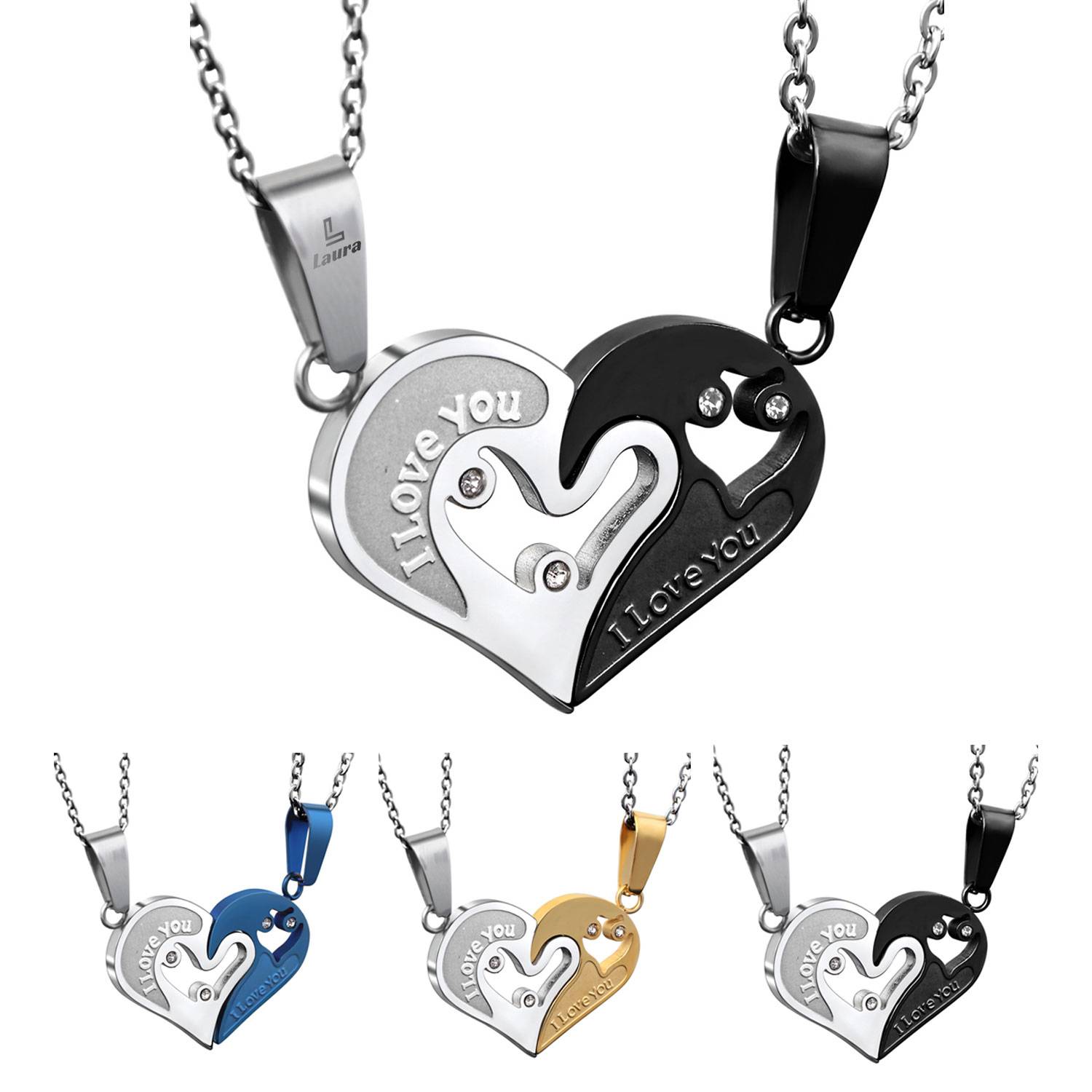 2PCS Stainless Steel Couple Heart Pendant Necklaces 1