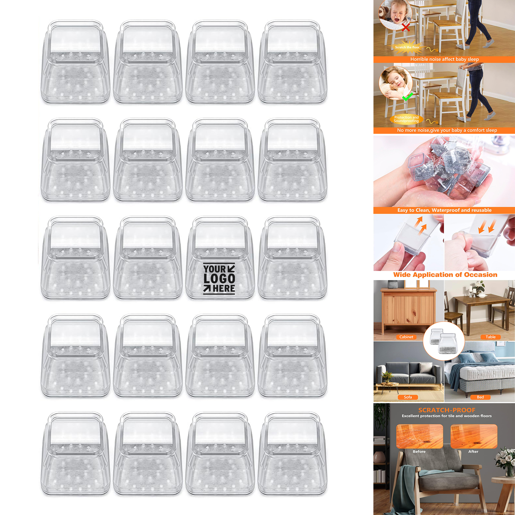 Square Chair Leg Hardwood Floor Silicone Transparent Protector Furniture Pad  2