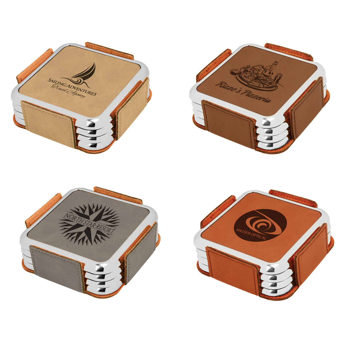 4pcs - 3-5/8" Leatherette Square Coaster Set with Silver Trim (w/Holder) 2
