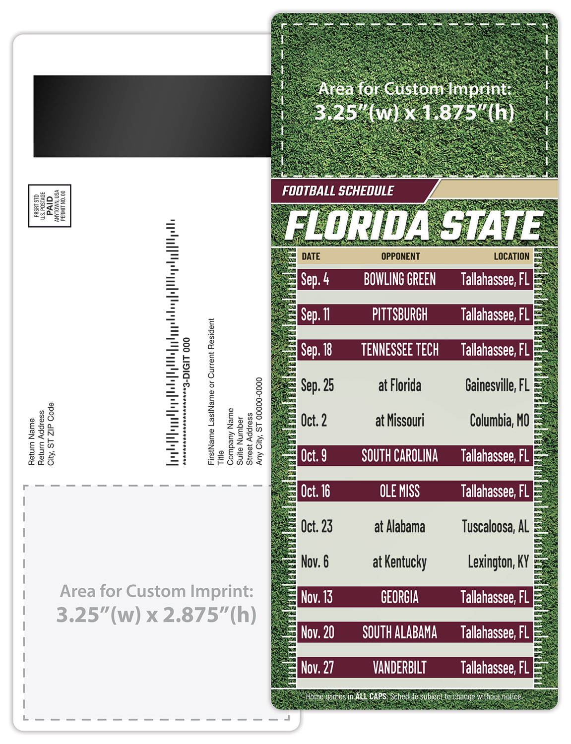 Football Schedule Laminated Card/Postcard with Magnet Strip 3.5x8.5 - 14 pt. 2
