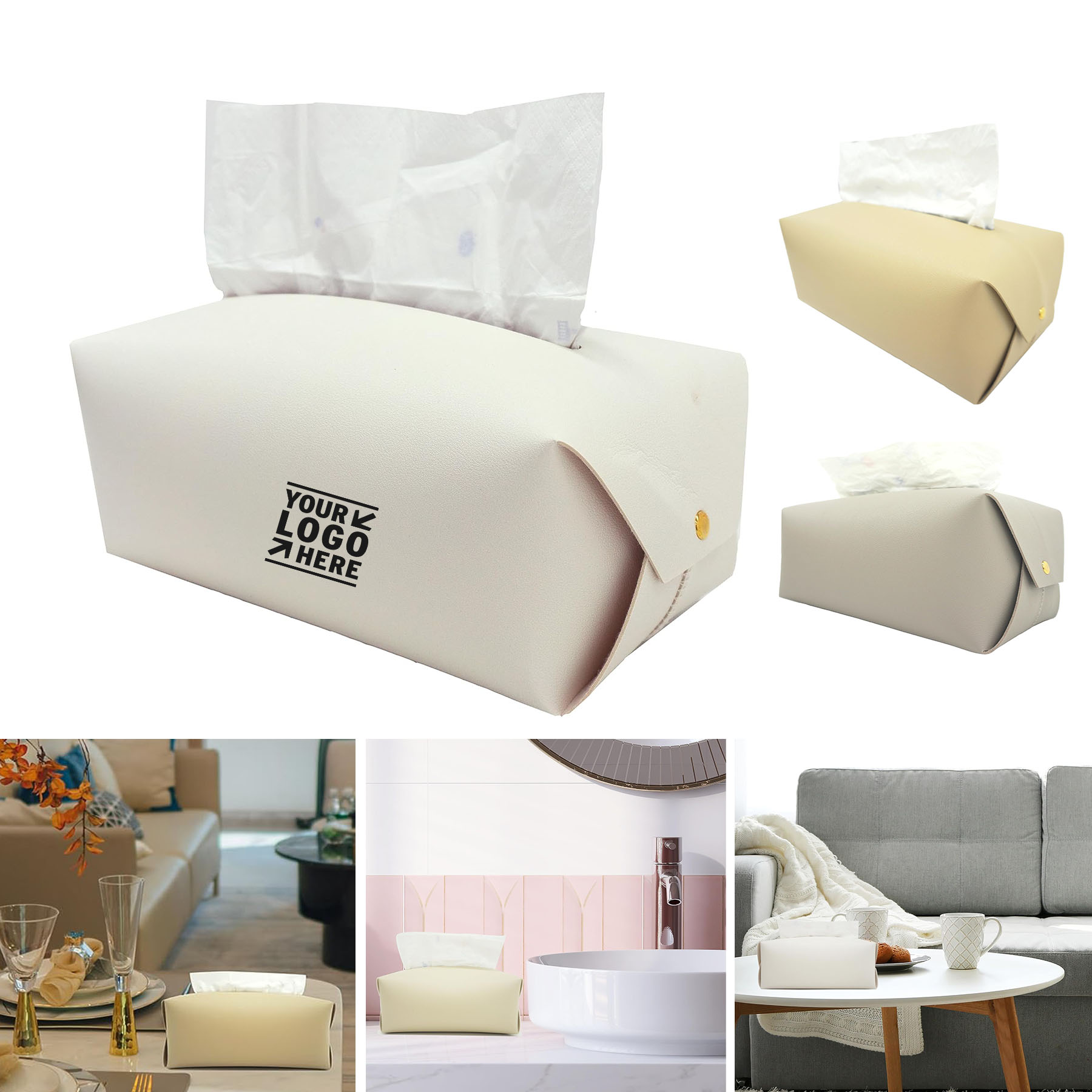 PU Leather Rectangle Bathroom Decorative  Vanity Countertop Tissue Box Cover Wihte Tissue Holder