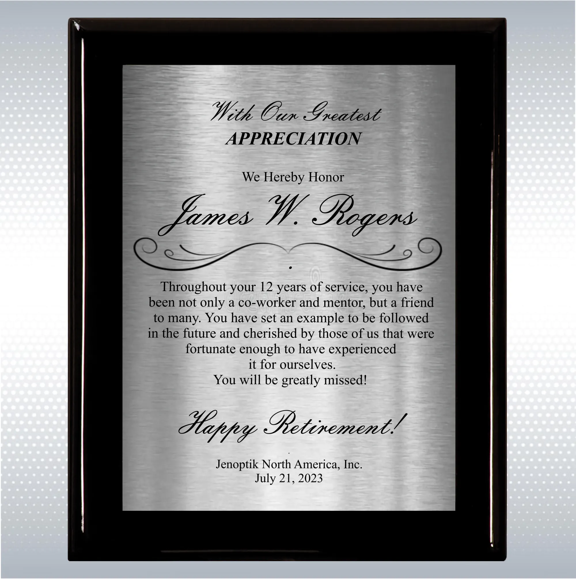 Black Piano Finish Wood Plaque Retirement Gift Award 20