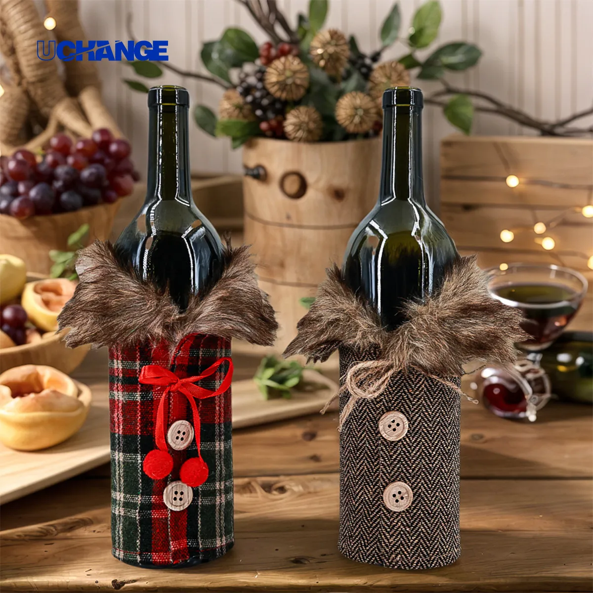 Plush Holiday Wine Bottle Cover With Faux Fur Trim 5