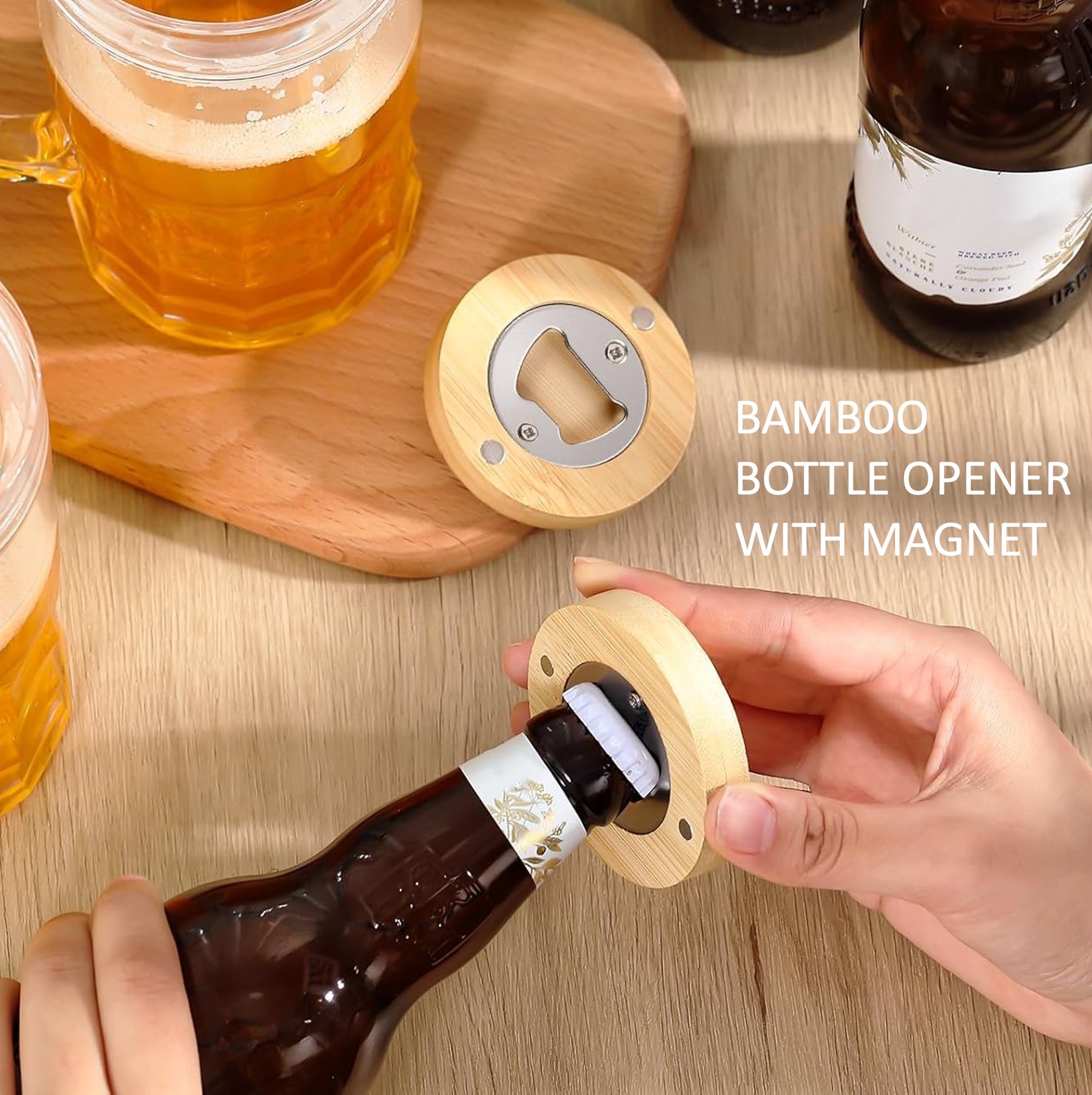 2.5" Round BAMBOO Bottle Opener Magnet 11