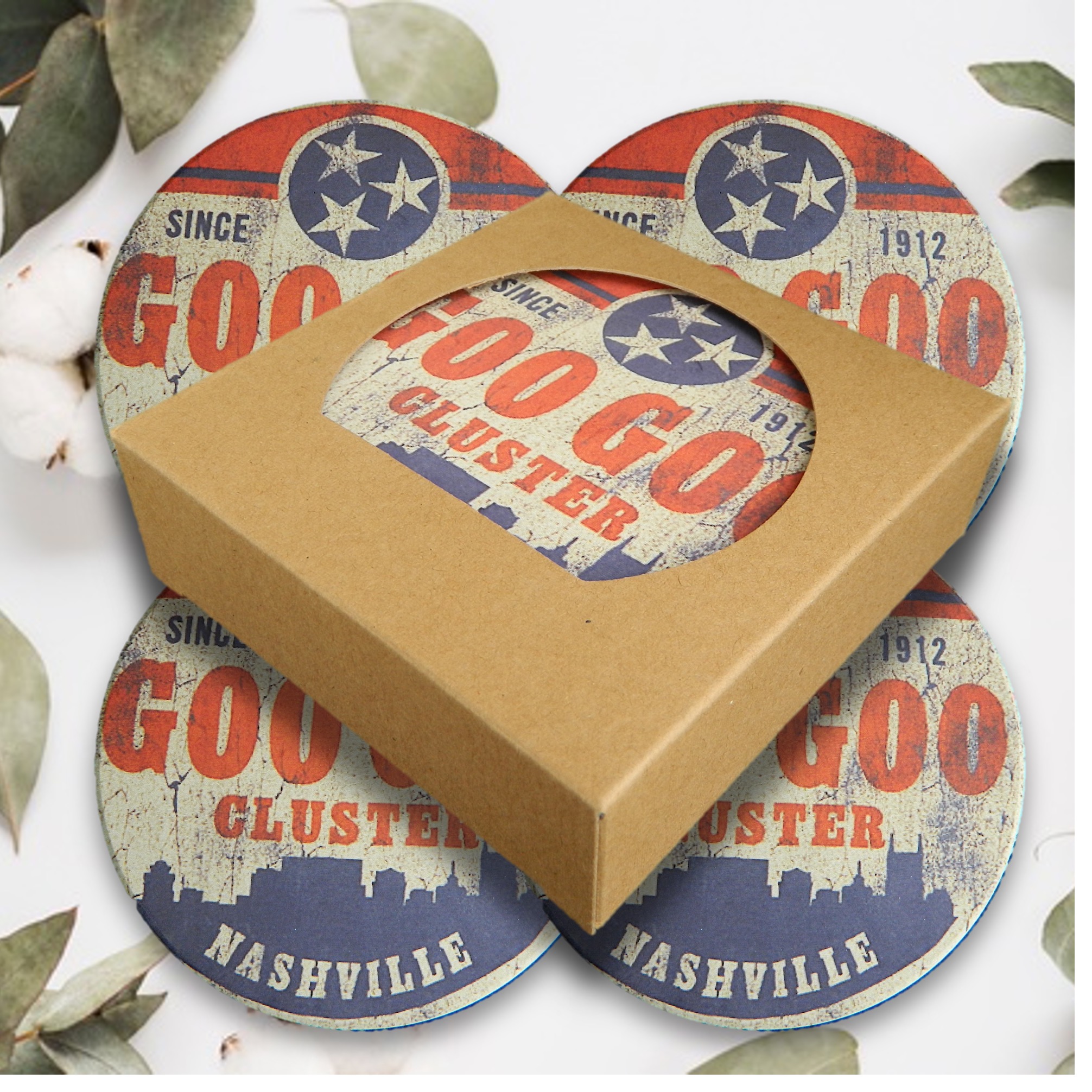 4 Round Absorbent Stone Coaster with Cork Backing packaged in Kraft Window Box 5
