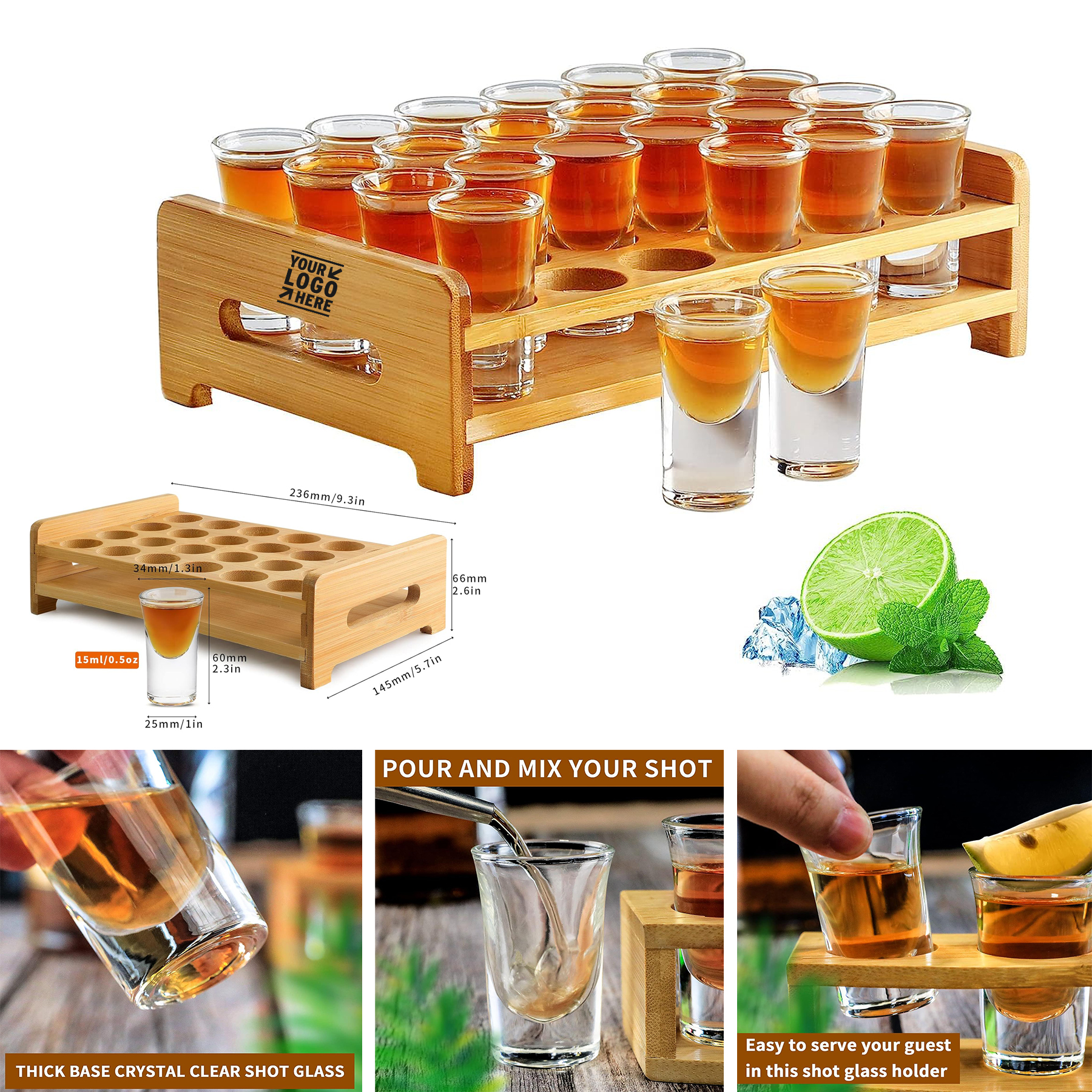 0.5oz/15ml 24pcs Party Bar Mini Clear Shot Glass Holder Set 
